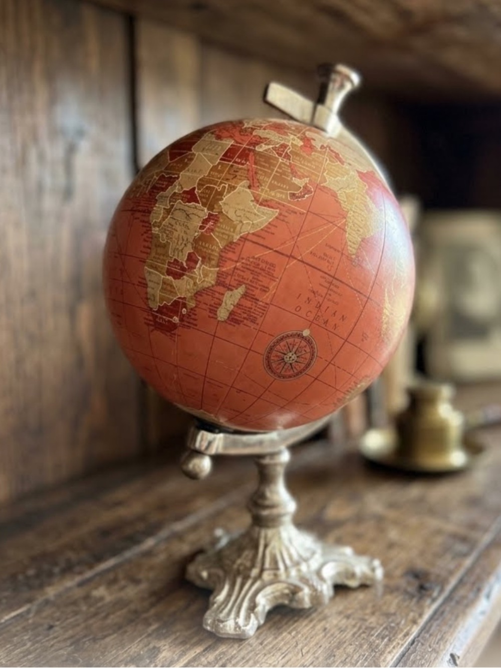 Vintage Peach & Terracotta Desktop World Globe on Ornate Silver Base 
8”
MCM